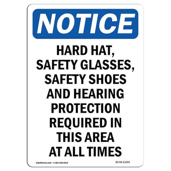 OSHA Sign, Hard Hat Safety Glasses Safety, 5in X 3.5in Decal, 10PK, 3.5" W, 5" H, Portrait, PK10
